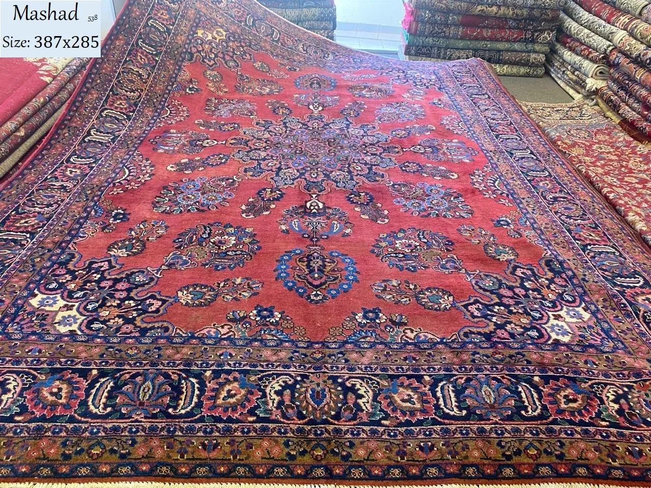 Persian vintage Mashad rug, Size: 387 x 285 cm, hand knotted by natural wool & vegetable dye. R15 000 valuation certificate & exchange warranty.