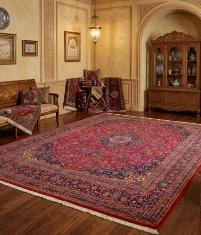 Authentic hand-knotted Kashan rug. size: 395 x 298 cm. Features a striking navy and cream central sunburst medallion set against a rich crimson field, Framed by a wide, detailed navy border with repeating "Shah Abbasi" floral motifs and delicate ivory vine scrolls.