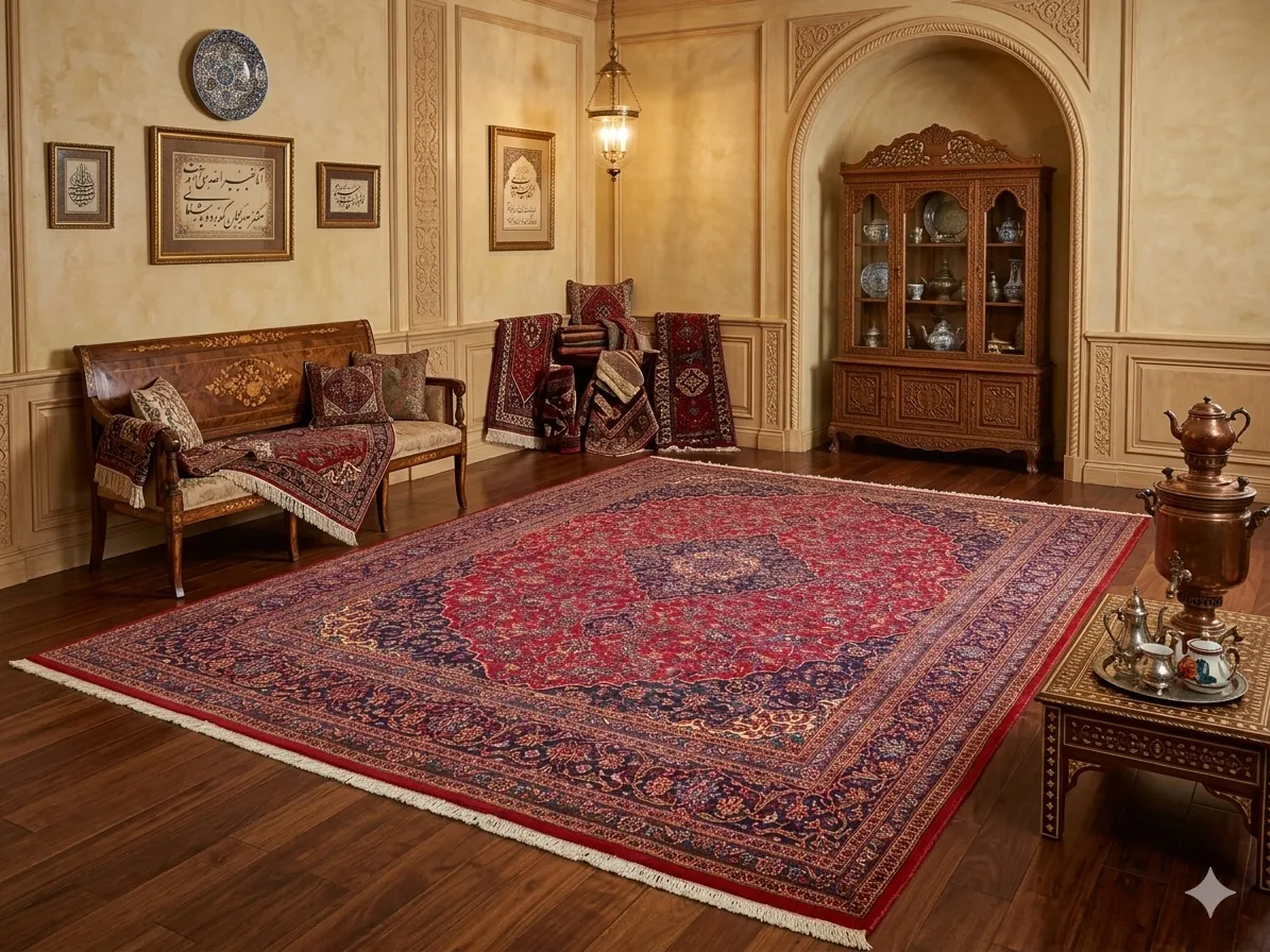 Authentic hand-knotted Kashan rug. size: 395 x 298 cm. Features a striking navy and cream central sunburst medallion set against a rich crimson field, Framed by a wide, detailed navy border with repeating "Shah Abbasi" floral motifs and delicate ivory vine scrolls.