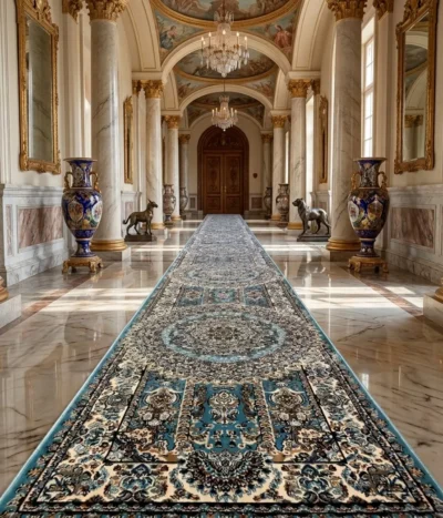 Blue Kashan runner, Size: 800 x 80 cm, Mixture of Polyester & cotton, with certificate of authenticity & exchange warranty. Imported directly from Iran.
