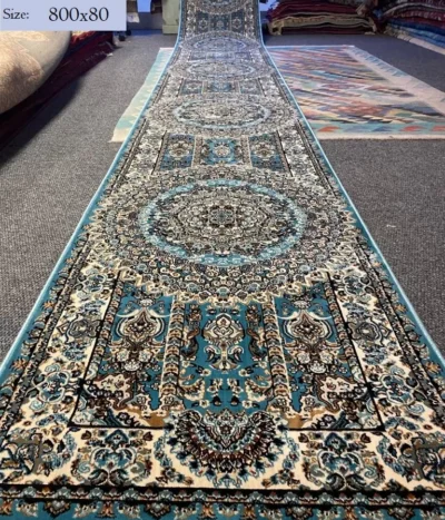 Blue Kashan runner, Size: 800 x 80 cm, Mixture of Polyester & cotton, with certificate of authenticity & exchange warranty. Imported directly from Iran.