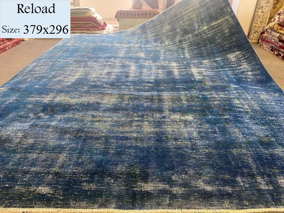 Blue Reload carpet, Size: 379x296 cm, Hand Knotted, Faded genuine vintage Persian rug, with certificate of authenticity & exchange warranty. Imported directly from Iran.