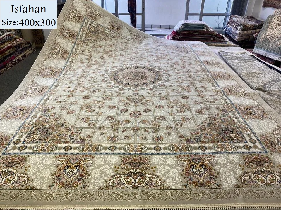 Embossed textured Isfahan rug, Size: 400x300 cm, reeds/meter:1200, Fine knotted, with certificate of authenticity and exchange warranty. Imported directly from Iran.