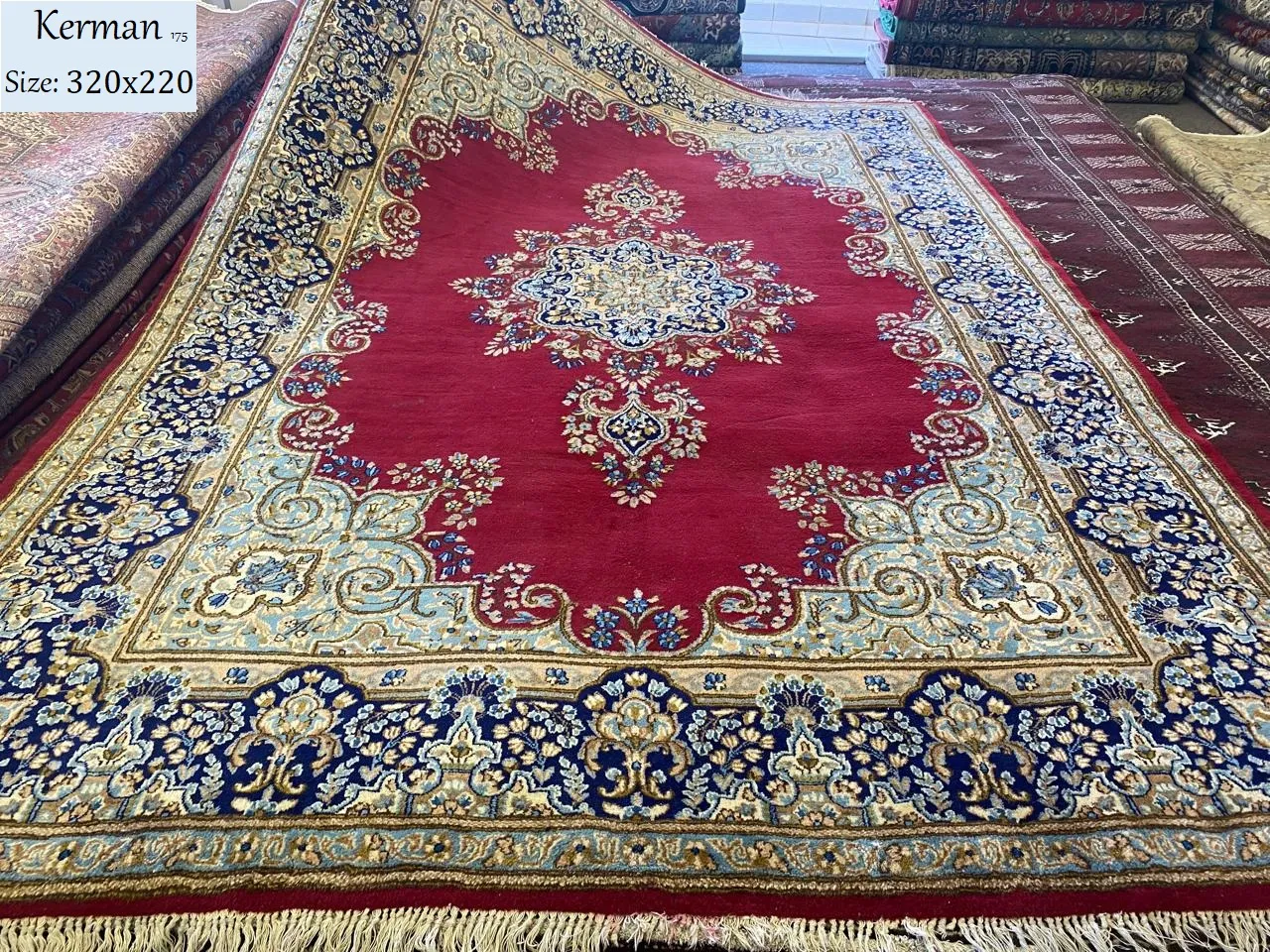 very fine handmade Kerman, Size: 320 x 220 cm, fine knotted by natural wool & vegetable dye, R30 000 valuation certificate & exchange warranty. Imported from Iran.