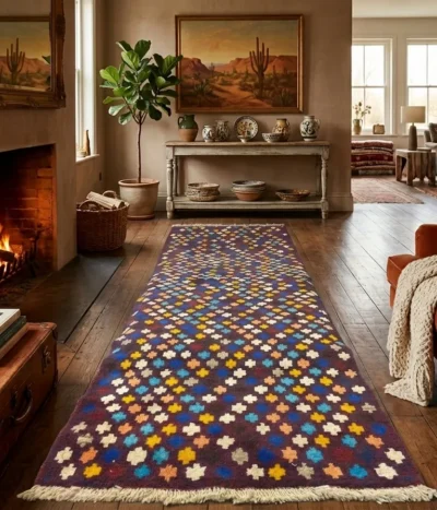Gabbeh runner, Size: 325 x 87 cm, hand-woven pile rug of coarse quality wool.