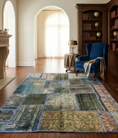 Genuine Persian patchwork rug, Size: 298 x 199 cm, vintage hand knotted by natural wool, over dyed,  R20 000 valuation certificate.