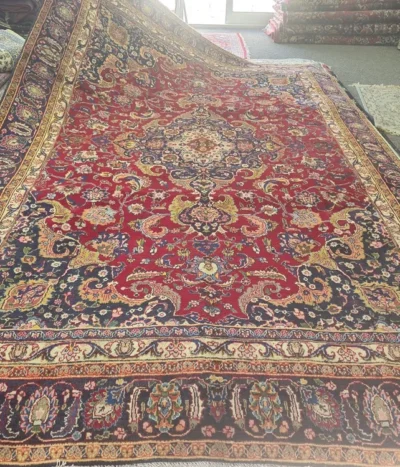 Hand-Knotted Antique Mashad is a Pre-loved Persian carpet, Size: 326 x 218 cm, 100% natural wool pile on a sturdy cotton foundation.