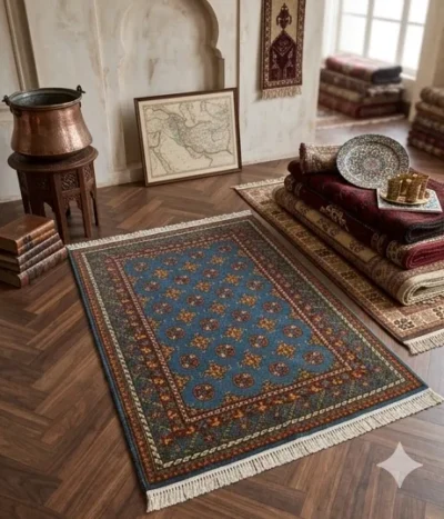 Traditional Hand-Knotted Afghan Bokhara, Size: 181 x 117 cm, iconic "gul" motif.