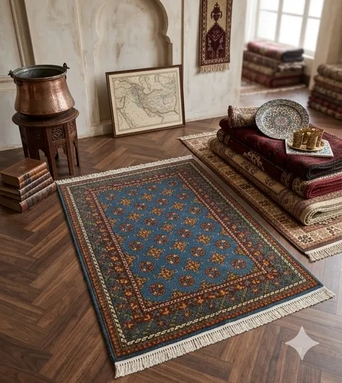 Traditional Hand-Knotted Afghan Bokhara, Size: 181 x 117 cm, iconic "gul" motif.