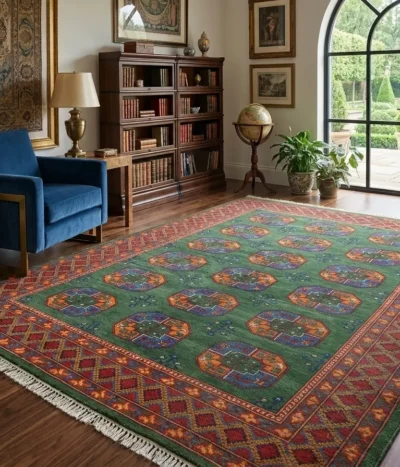 Hand-Knotted Afghan Bokhara rug, Size: 297 x 193cm, A rare and lush Emerald Green, Tekke Gül (Elephant Foot) octagonal motif, Crafted from premium wool with a lustrous finish.