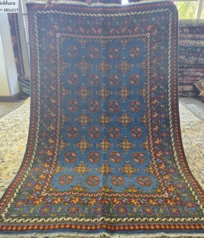 Traditional Hand-Knotted Afghan Bokhara, Size: 181 x 117 cm, iconic "gul" motif.