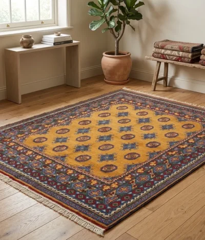 Hand-Knotted Golden Bokhara, Tribal Gul pattern Afghan rug, Size: 195 x 150 cm, High-quality wool on a durable cotton foundation.