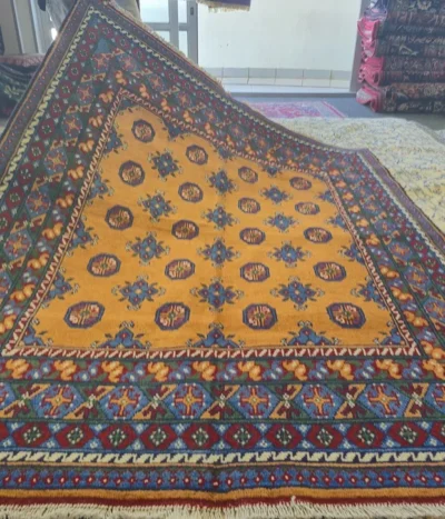 Hand-Knotted Golden Bokhara, Tribal Gul pattern Afghan rug, Size: 195 x 150 cm, High-quality wool on a durable cotton foundation.