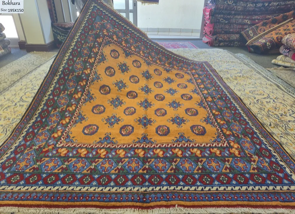 Hand-Knotted Golden Bokhara, Tribal Gul pattern Afghan rug, Size: 195 x 150 cm, High-quality wool on a durable cotton foundation.
