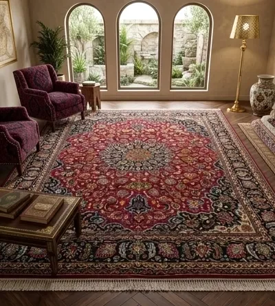 Authentic Hand-Knotted Mashad Rug, Size: 380 x 288 cm, high-quality, soft wool, Intricate Shah Abbasi floral motifs with a detailed central medallion, cochineal red field and midnight blue borders.