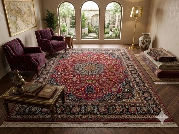 Authentic Hand-Knotted Mashad Rug, Size: 380 x 288 cm, high-quality, soft wool, Intricate Shah Abbasi floral motifs with a detailed central medallion, cochineal red field and midnight blue borders.