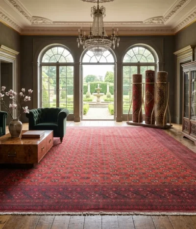 Handmade Bokhara, Size: 388 × 306 cm, Afghan rug, red color, Hand knotted by fine wool & vegetable dye, R30 000 valuation certificate.