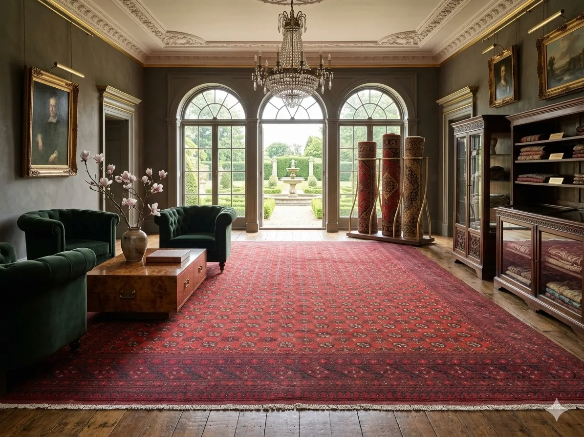 Handmade Bokhara, Size: 388 × 306 cm, Afghan rug, red color, Hand knotted by fine wool & vegetable dye, R30 000 valuation certificate.