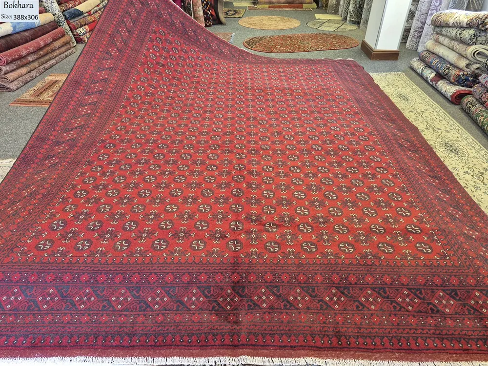 Handmade Bokhara, Size: 388 × 306 cm, Afghan rug, red color, Hand knotted by fine wool & vegetable dye, R30 000 valuation certificate.