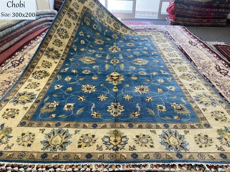 Afghan Handmade Chobi, Size: 300 × 200 cm, blue color, Fine hand knotted by natural wool & vegetable dye, R35 000 valuation certificate.