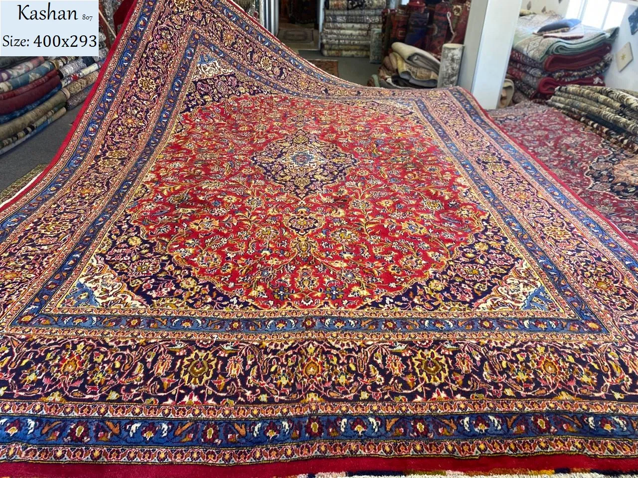 Persian handmade Kashan carpet, Size: 400 x 293 cm, hand knotted with natural wool & dye, valuation certificate of R17000 & exchange warranty. Imported from Iran.