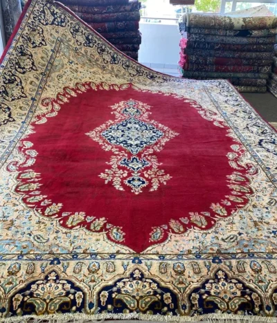 Handmade Persian Kerman rug, Size: 384x290 cm, fine knotted by natural wool & vegetable dye, R35 000 valuation certificate & exchange warranty. Imported from Iran.