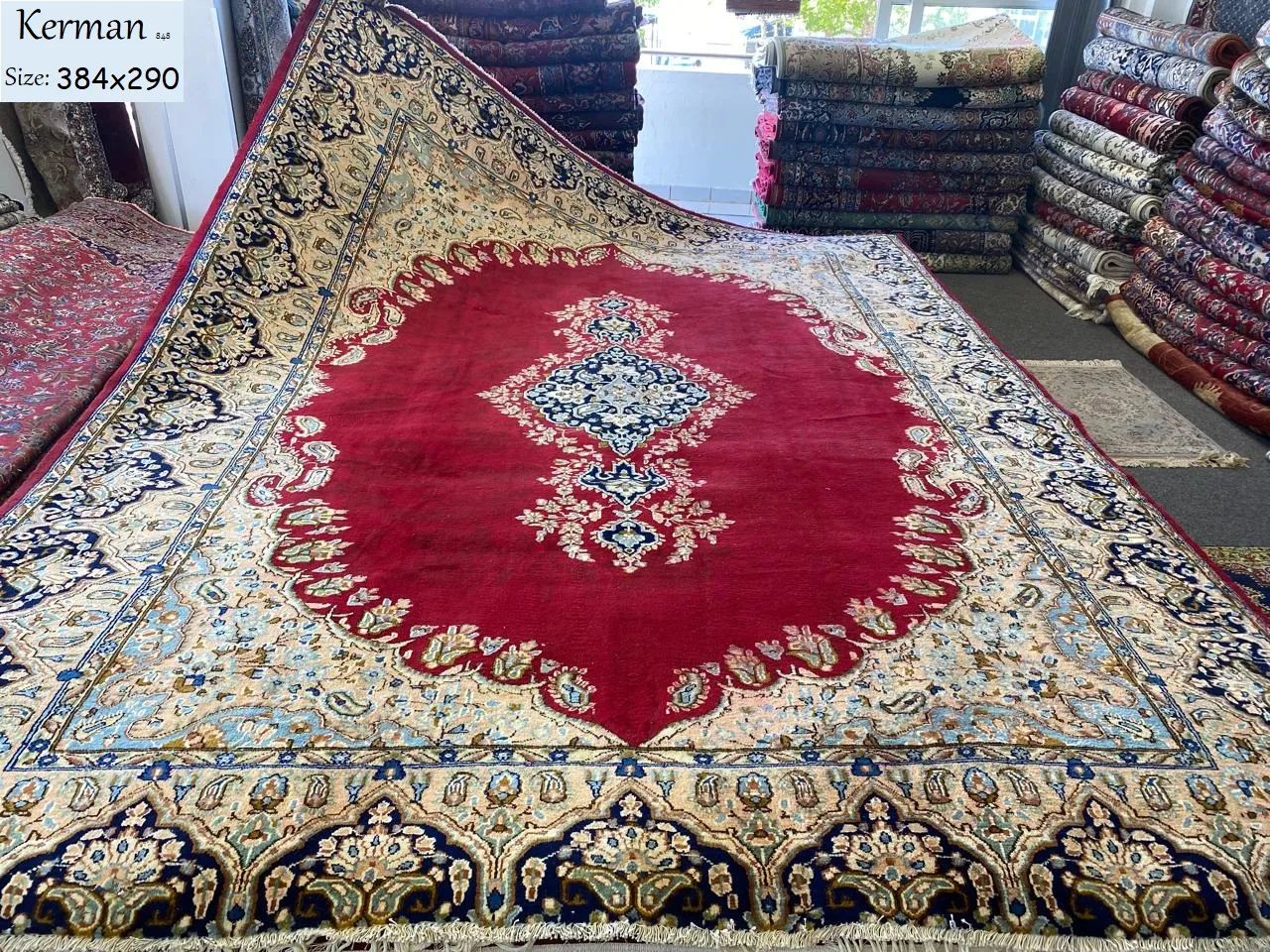 Handmade Persian Kerman rug, Size: 384x290 cm, fine knotted by natural wool & vegetable dye, R35 000 valuation certificate & exchange warranty. Imported from Iran.