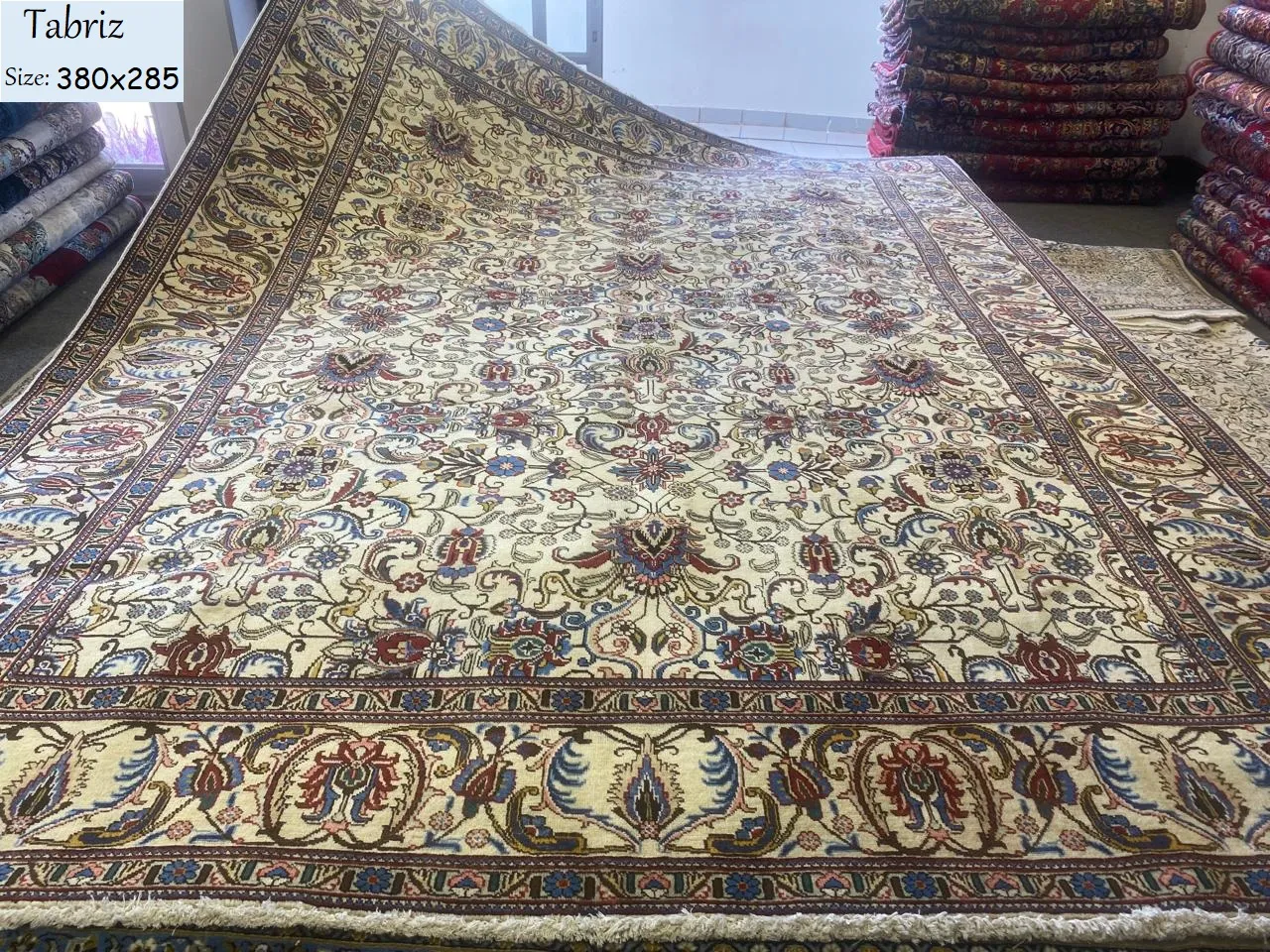 Handmade Royal Tabriz, Size: 380x285 cm, fine knotted by natural wool & vegetable dye, R25 000 valuation certificate & exchange warranty. Imported from Iran.