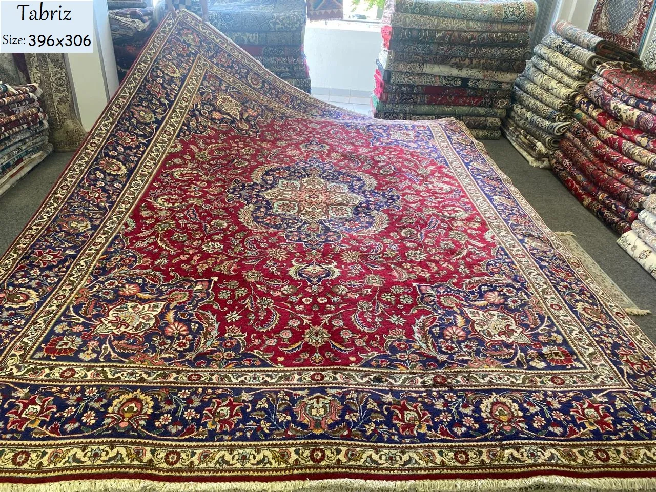 Pre owned Handmade Tabriz rug, Size: 396 x 306 cm, natural wool & vegetable dye, R20000 valuation certificate.