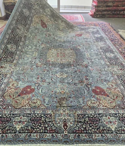 Imperial Isfahan carpet, Size: 300 x 200 cm, Ice Blue & Terracotta Masterpiece, 400 knots per square, wool on cotton, R14 000 valuation certificate.
