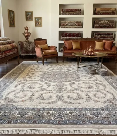 Ivory floral Isfahan carpet, Size: 400x300 cm, reeds/meter:1200, Fine knotted, with certificate of authenticity and exchange warranty. Imported directly from Iran.