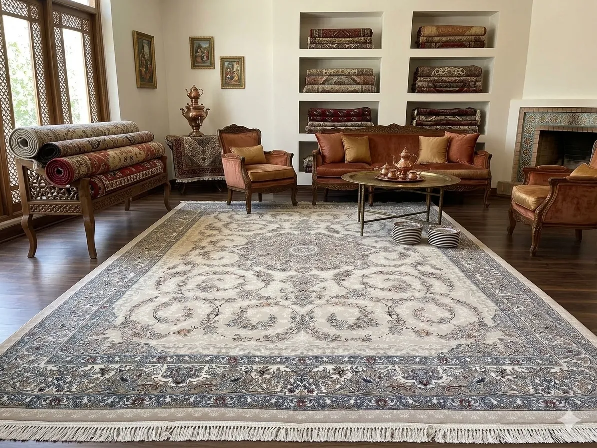Ivory floral Isfahan carpet, Size: 400x300 cm, reeds/meter:1200, Fine knotted, with certificate of authenticity and exchange warranty. Imported directly from Iran.