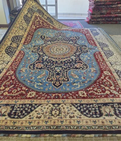 Pre-Loved fine handmade Joshaghan Persian carpet, Size: 385 x 251 cm, Medallion with floral arabesque and weeping willow motifs, Royal Blue, Crimson Red, Navy, and Ivory.