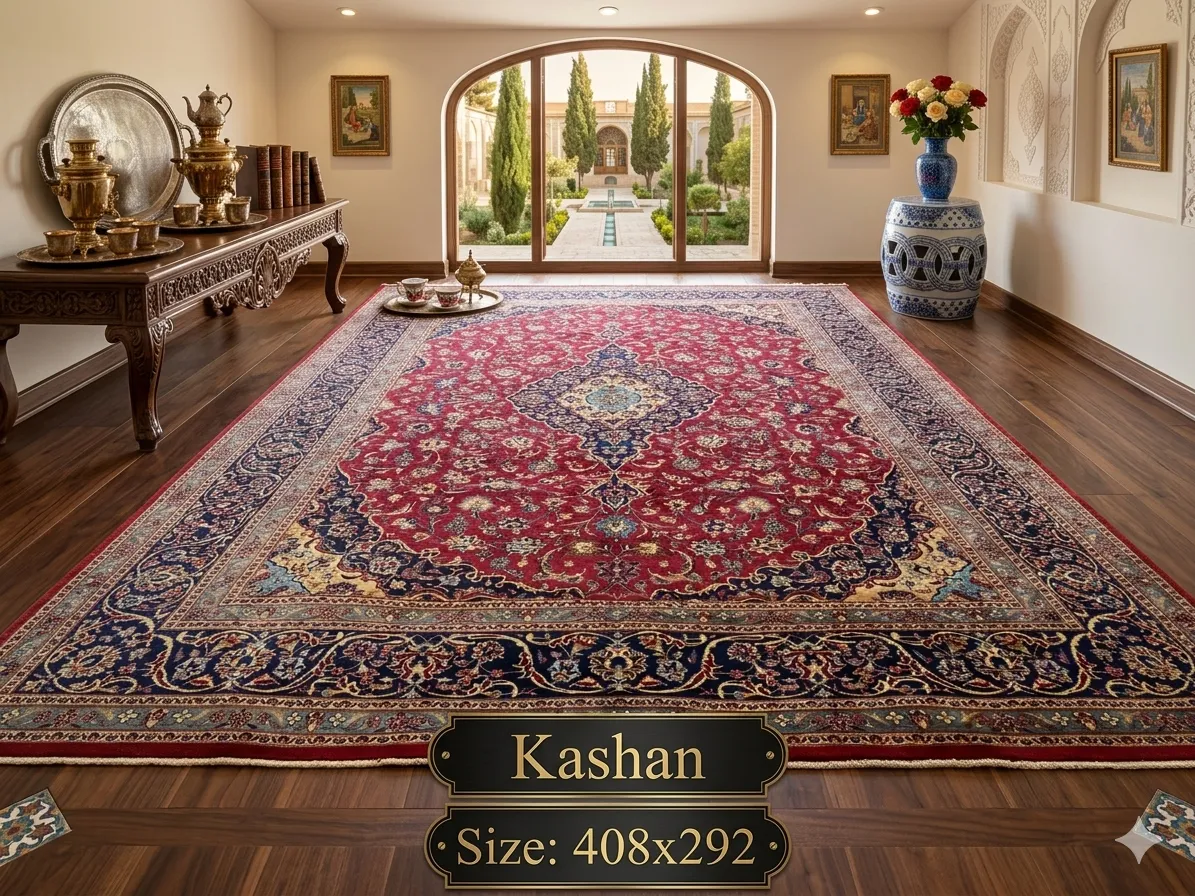 Kashan Handmade, Size: 408 x 292 cm, Pre loved, made by natural wool and vegetable dye, comes with certificate of authenticity and exchange warranty. Imported directly from Iran.