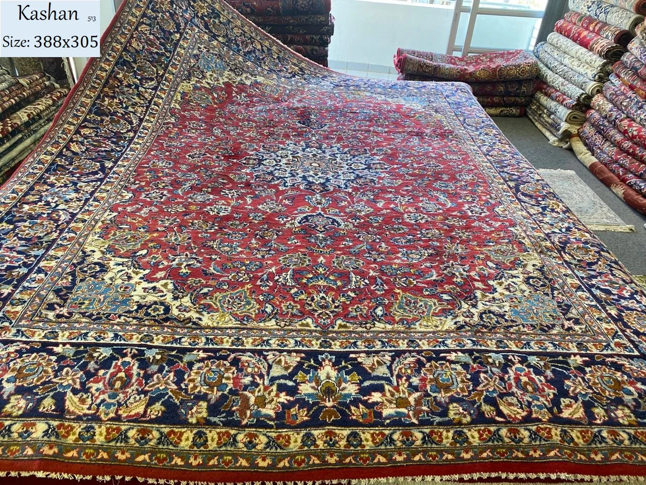 Persian Kashan rug, Size: 388 x 305 cm, hand knotted by natural wool & vegetable dye, R19 000 valuation certificate & exchange warranty. Imported from Iran.