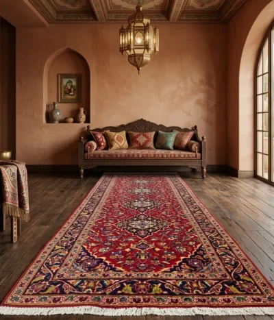 Persian Kashan runner, Size: 390 x 101 cm, Fine hand knotted by natural wool & vegetable dye, R20 000 valuation certificate & exchange warranty. Imported from Iran.