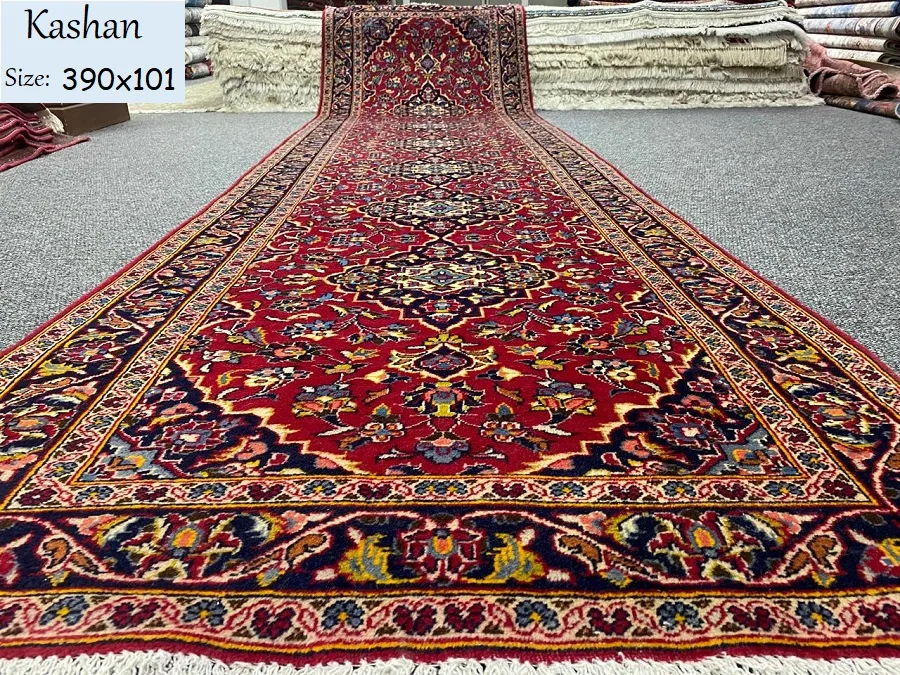Persian Kashan runner, Size: 390x101 cm, Fine hand knotted by natural wool & vegetable dye, R20 000 valuation certificate & exchange warranty. Imported from Iran.