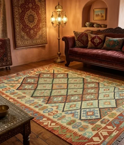 Traditional Flat-Weave Afghan Kilim, Size: 184 x 131 cm, 100% Hand-woven Wool.