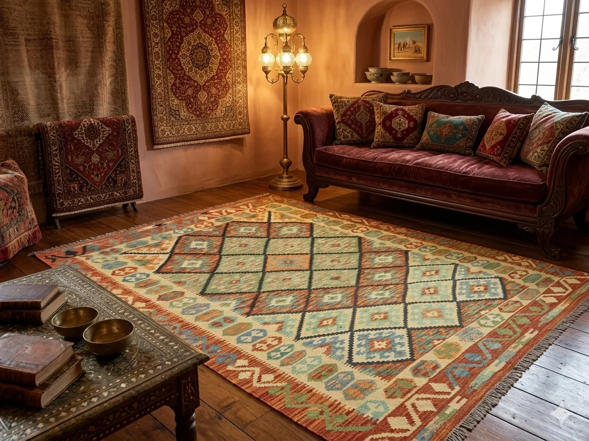 Traditional Flat-Weave Afghan Kilim, Size: 184 x 131 cm, 100% Hand-woven Wool.