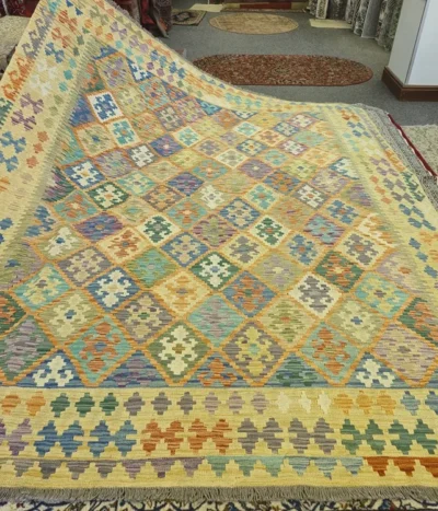 Authentic Hand-Woven Chobi Kilim, Size: 312 x 257 cm, A multi-colour masterpiece featuring warm sunny yellow tones.