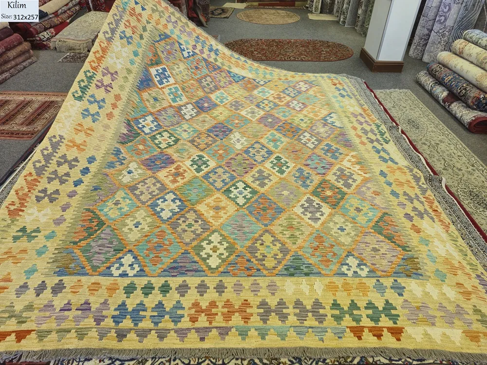 Authentic Hand-Woven Chobi Kilim, Size: 312 x 257 cm, A multi-colour masterpiece featuring warm sunny yellow tones.