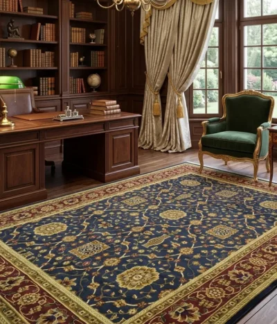 Machine made Tabriz design carpet, Size: 350 x 250 cm, Golden Blue, Polyester.