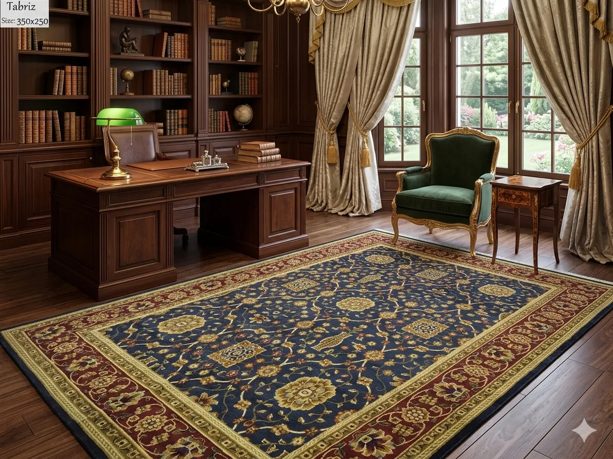 Machine made Tabriz design carpet, Size: 350 x 250 cm, Golden Blue, Polyester.