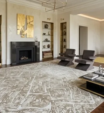 Turkish Modern Designer Area rug, Size: 400 x 300 cm, grey - brown, Polyester, Machine made.