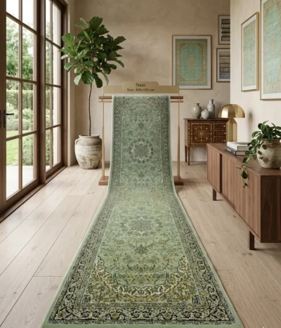 Pistachio green Hallway Nain runner, Size: 400 x 100 cm, Lachak-Toranj pattern, 700 knots quality.