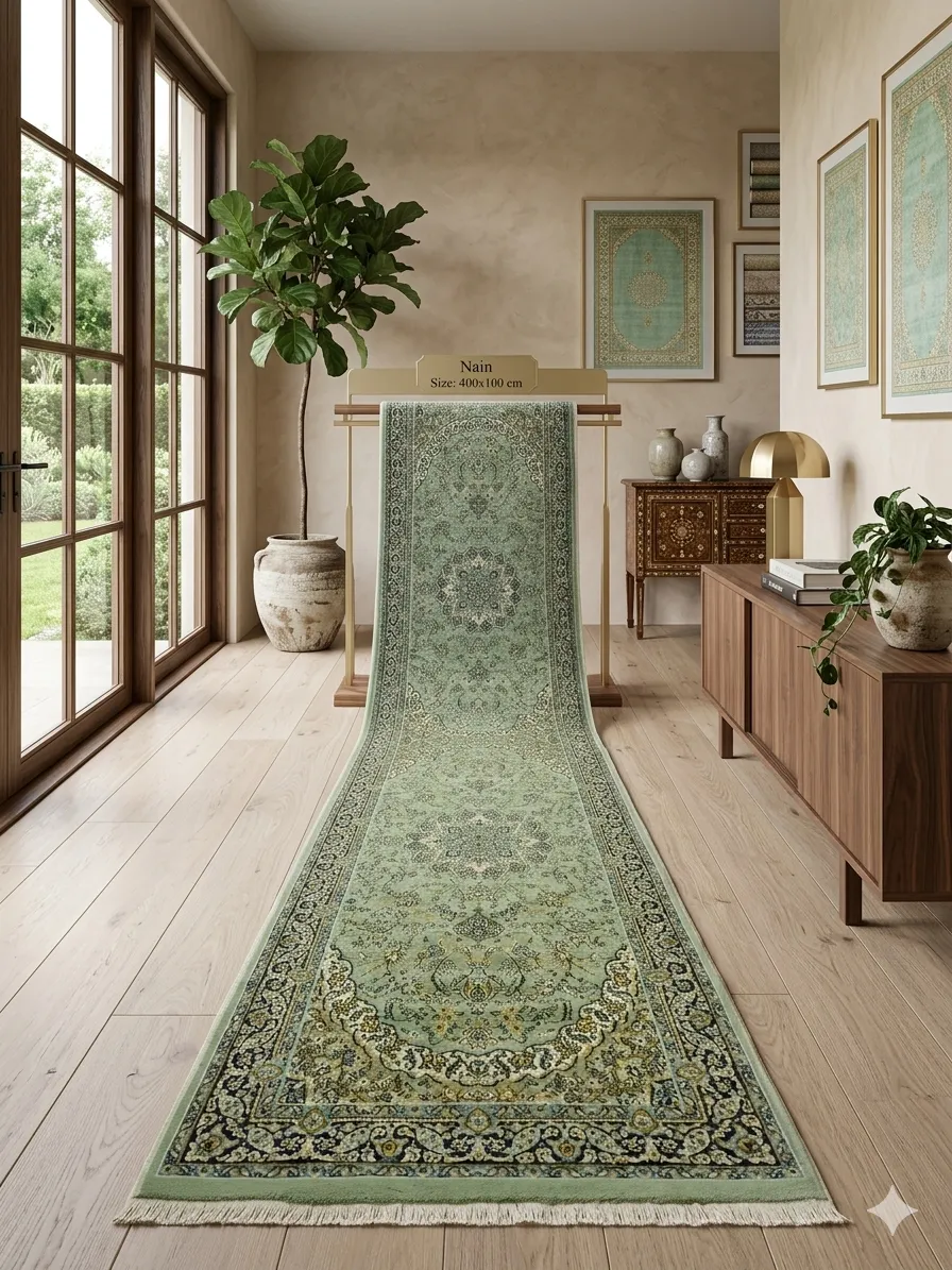 Pistachio green Hallway Nain runner, Size: 400 x 100 cm, Lachak-Toranj pattern, 700 knots quality.