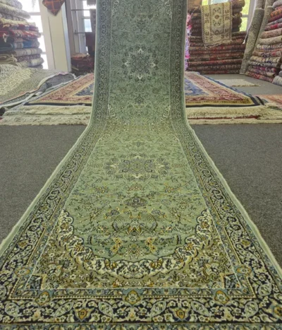 Pistachio green Hallway Nain runner, Size: 400 x 100 cm, Lachak-Toranj pattern, 700 knots quality.