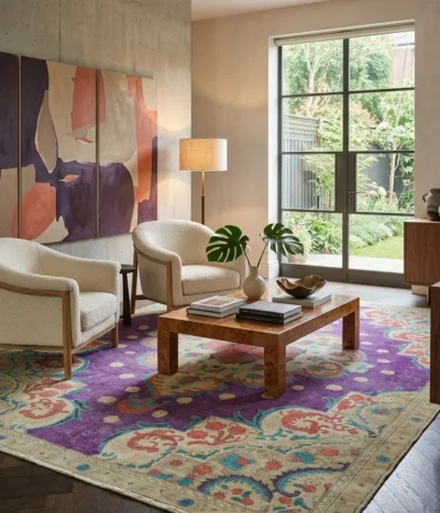 Oriental reload rug, Size: 316 x 227 cm, Hand Knotted vintage-washed aesthetic, the central medallion are characteristic of the "Oushak" or "Ushak" style, which is highly sought after for modern interior design.