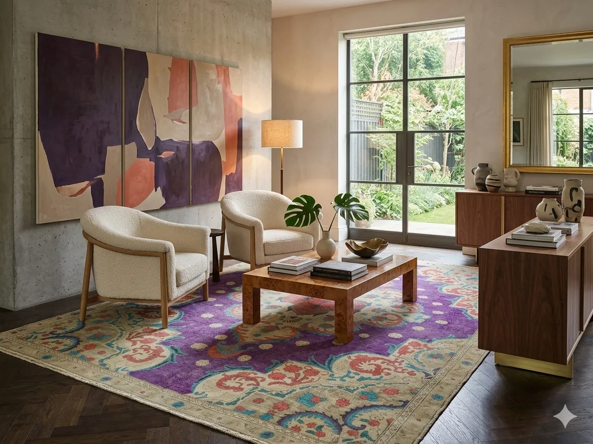 Oriental reload rug, Size: 316 x 227 cm, Hand Knotted vintage-washed aesthetic, the central medallion are characteristic of the "Oushak" or "Ushak" style, which is highly sought after for modern interior design.