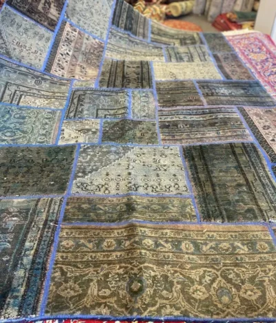 Genuine Persian patchwork rug, Size: 298 x 199 cm, vintage hand knotted by natural wool, over dyed,  R20 000 valuation certificate.